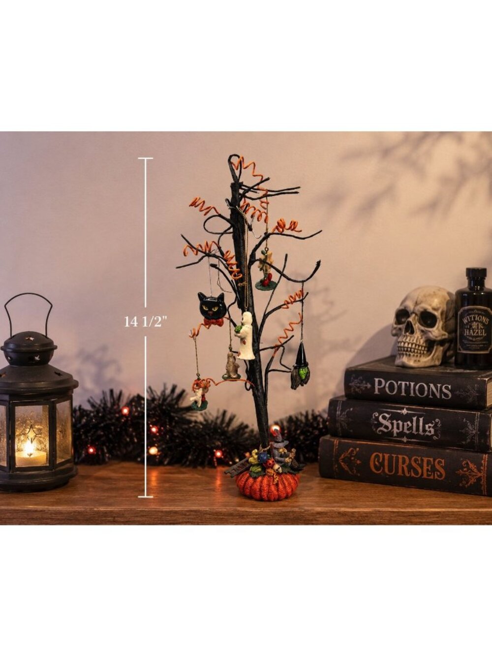 Halloween Ornament Tree With Mini Halloween Ornaments Pumpkin Base 14 1/2"